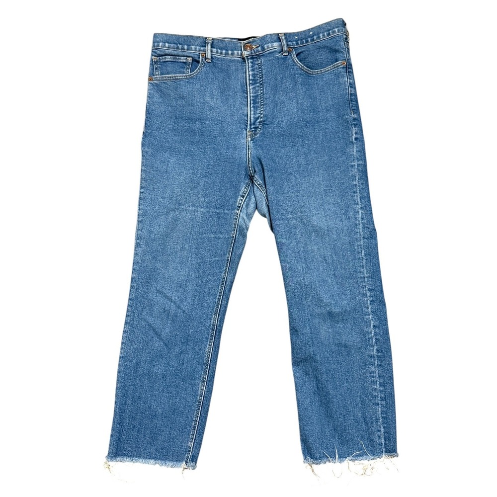 Express Original Straight Super High Rise Mom Jeans Medium Wash Raw Hem Size 14R
